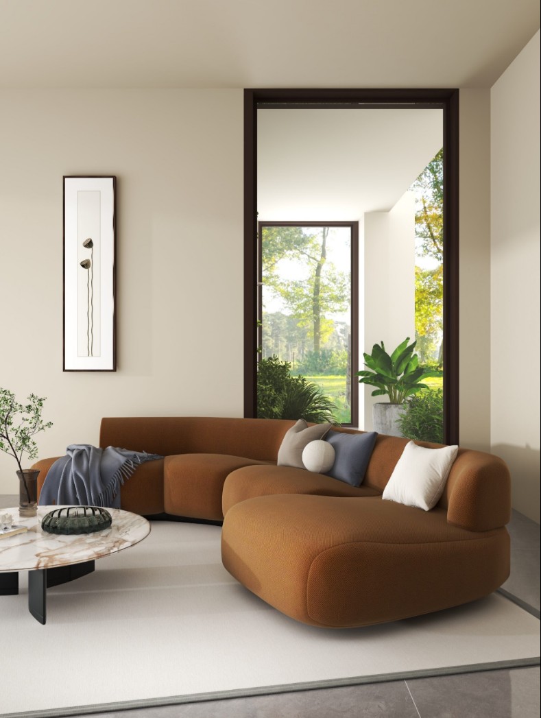 Modern living room with curved sofa