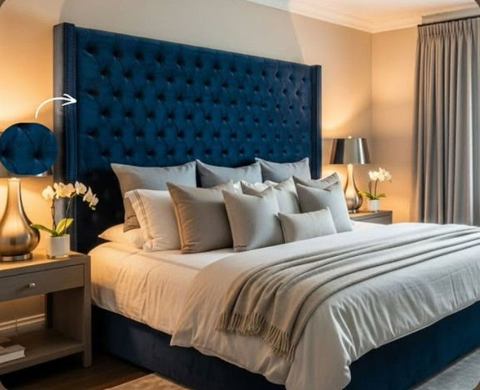 Bedroom with blue tufted velvet headboard